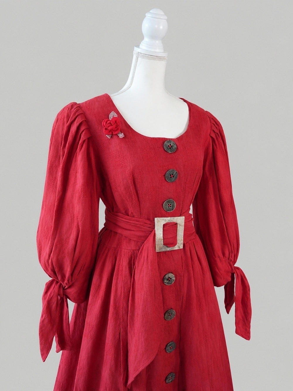 Vintage Red Long-Sleeve Puff-Sleeve Dress with Belt, Cottagecore, Dirndl, Whimsy